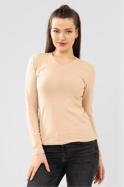 BAYKAR Women's V-Neck Long Sleeve Cotton Bodysuit - Nude Color 6656