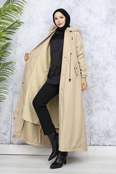 benguen Beige Long Bondit Coat - Plush Inside, Fur Collar 1050