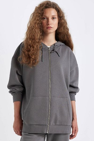 DeFacto Übergroßes Kapuzen-Sweatshirt mit Reißverschluss – Tasche, gerader Schnitt V4233az24wn