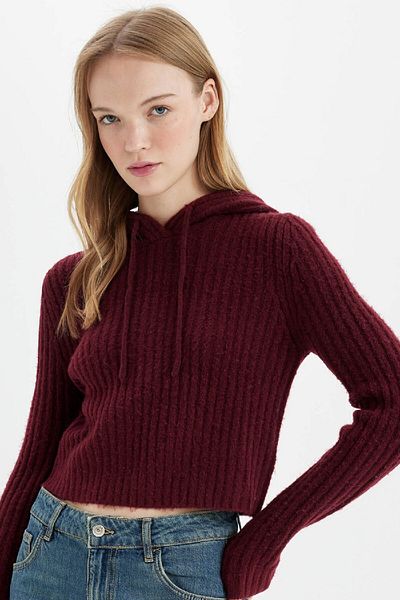 DeFacto Pulover de tricotaj crop cu glugă, cu croială obișnuită, C7333ax24wn