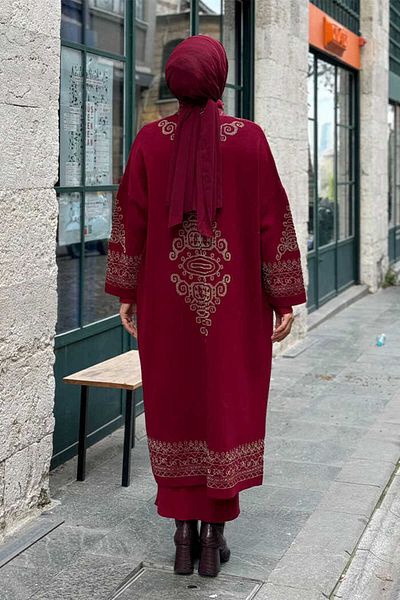 Bym Fashion Glittered Ethnic Pattern Processing Detailed Knitwear Cardigan 18189 Burgundy-Gold