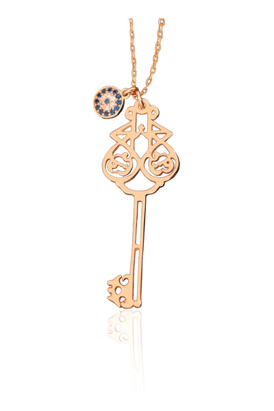 Dkmn Silver 925 AYAR GÜMÜŞ EL FETTAH YAZILI NAZAR BONCUKLU ANAHTAR KOLYE