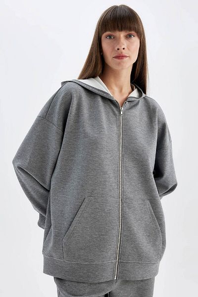DeFacto Oversize Wide Fit Hooded Basic Plain Skuba Diver Fabric Zip-Up Sweatshirt with Pockets C6871Ax24Au