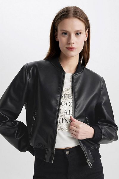 DeFacto Vysokoškolský límec Pevná kapsa na zip Faux Leather Bomber Jacket C2686Ax24Au