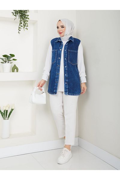 KEJAN TEKSTİL Sleeveless Denim Vest - Snap Design