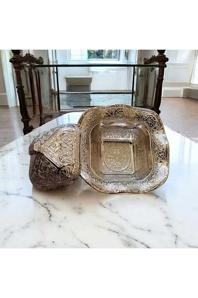 Bakır Center Copper Sugar Bowl Hand Embroidered Square Leg Copper Turkish Delight Bowl Silver Color Nickel Sugar Bowl