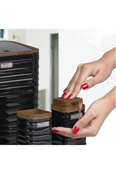 Kosova Ocean Home Luna 5-Piece Black Wooden Patterned Bathroom Set