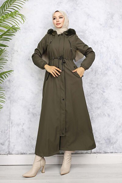 benguen 1050 Model - Khaki Long Bondit Coat with Plush Inside and Fur Collar