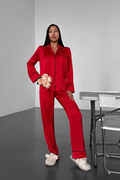 Gizotti GİZOTTİ LOVE KIRMIZI DÜZ UZUN SATEN PİJAMA