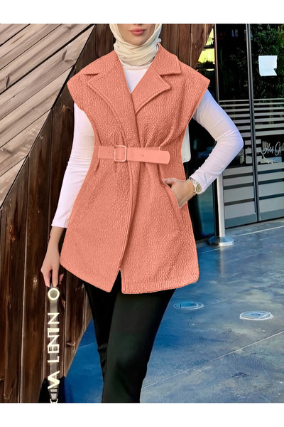 Modamorfo Kemer Detaylı Cepli Buklet Yelek -Somon