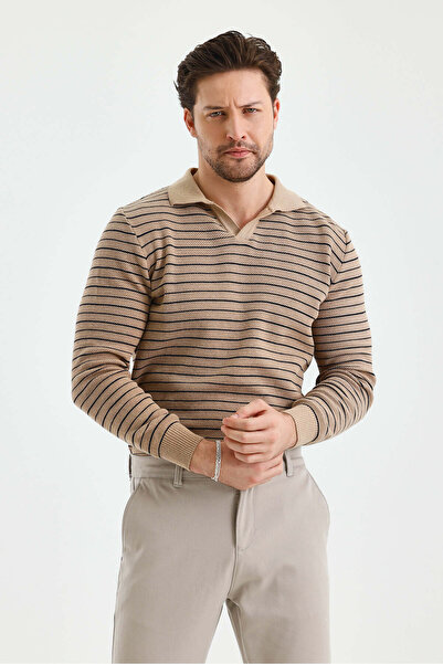 Tarz Cool Чоловічий облягаючий трикотажний светр з довгими рукавами, поло та лініями