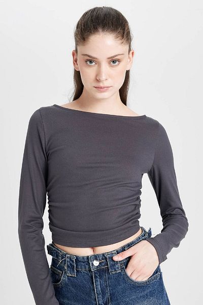DeFacto Fitted Bodysuit Boat Neck Basic Solid Long Sleeve T-Shirt C4577Ax24Au