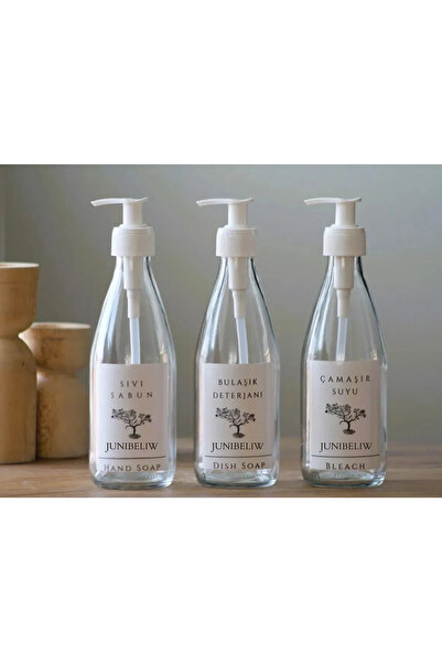 JUIWI 3lü Set Beyaz Etiket Şeffaf Cam Şişe Sıvı Sabunluk Bulaşık Deterjanlık Çamaşır suyu 3x330ml