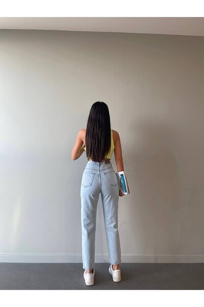 ByCukurovaFrango Blugi Mom din Lycra cu talie înaltă Dora Snow Wash din anii 90 Leo