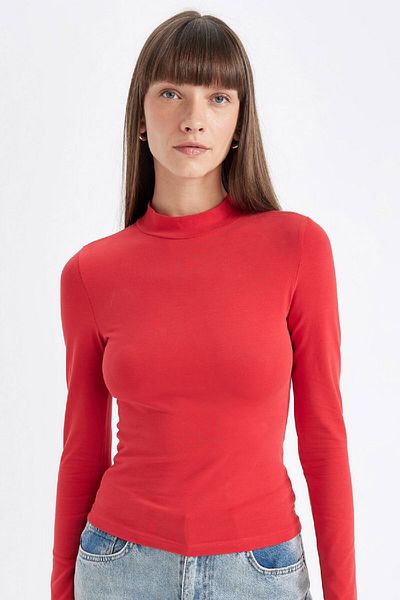 DeFacto Rotes Slim-Fit-T-Shirt mit halbem Rollkragen und langen Ärmeln D3575ax24au