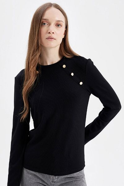 DeFacto Ribbed Camisole Black T-Shirt Tunic - Button, Long Sleeve, Solid Fit D4191Ax24Au