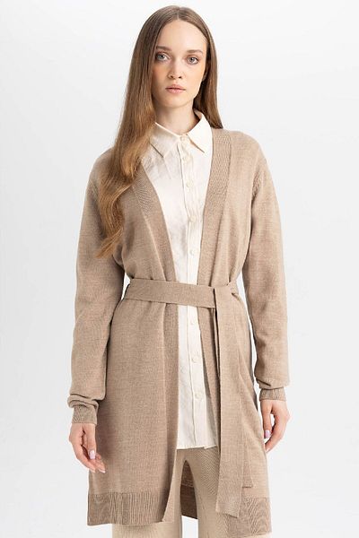 DeFacto Regular Fit Basic Plain Belted Long Knitwear Cardigan Z9026Az24Wn