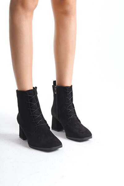Limeo Sivri Burunlu Süet Siyah Fermuarlı Kısa Bağcıklı Klasik Sade Bot Bootie