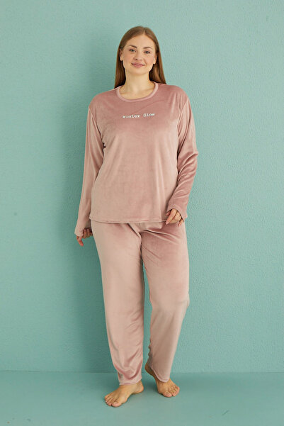 REMSA Σετ γυναικεία βελούδινη πιτζάμα μεγάλου μεγέθους 13213-10 πούδρα