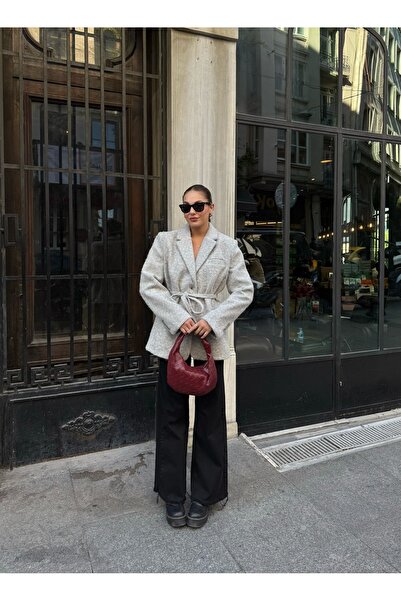 Laluvia Gray Boucle Belted Stamp Blazer Jacket - 7368