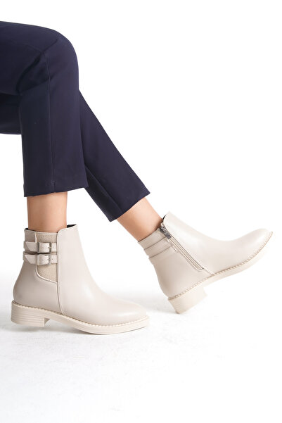 Limeo Low Heel Side Zipper and Double Buckle Detail Women's Beige Booties