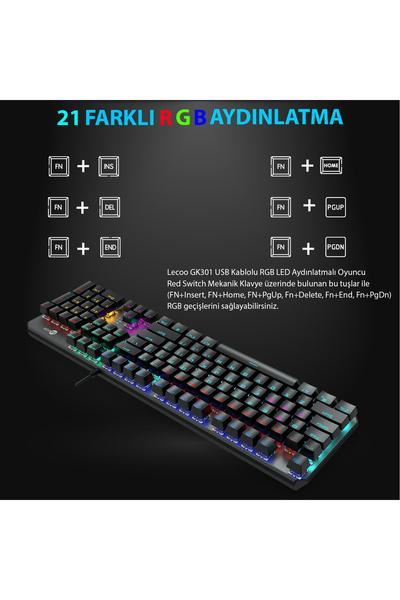 Lecoo Gk301 Usb Kablolu Red Switch Makro Tuş Atamalı Rgb Gaming Mekanik Türkçe Q Klavye Metalik Gri