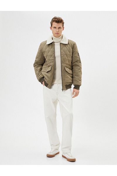 Koton Quilted Jacket Plush Collar Detailed Pocket Zippered