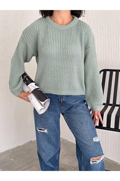 MsLena Butik Women's Midi Length Mohair Crew Neck Sweater Mint Green No230-1651