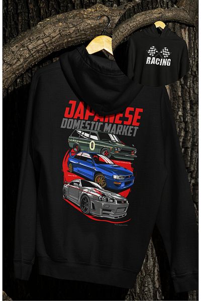 Fuddy Moda Unisex Oversize Japanese Car Back Printed Hooded Hoodie