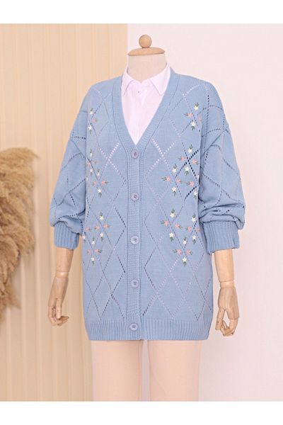 Modamorfo Durchbrochener, mit Blumen bestickter Strick-Cardigan mit Knöpfen