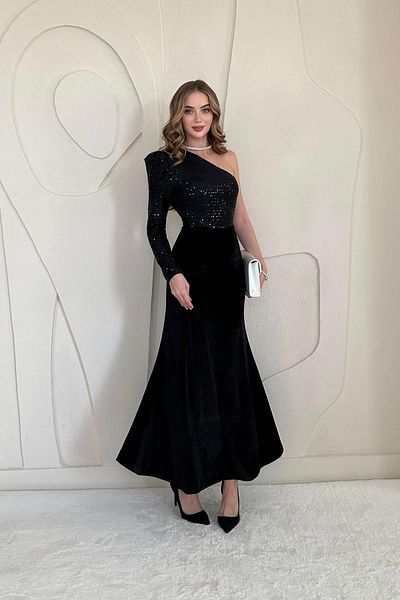 Elbee Fashion Woman Rochie din catifea cu paiete negre