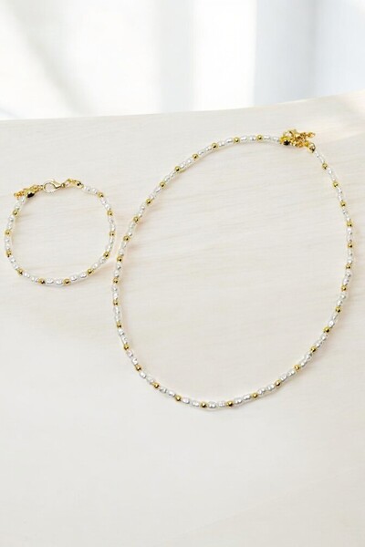 EUROMODA İnci Boncuklu Gold Renkli Kolye ve Bileklik Takımı