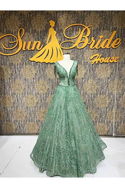 MODA YEŞİL V YAKA TAŞ DETAYLI ISILTI SİMLİ TÜL NİŞANLİK ABİYE