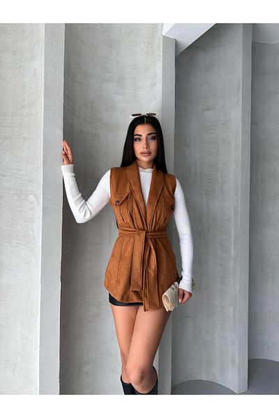 blue ashley Suede Belted Vest with Chest Pockets