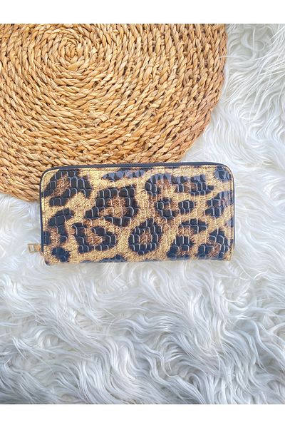 PİNK PEARL Women's Patent Leather Leopard Pattern Zippered Large Size Wallet