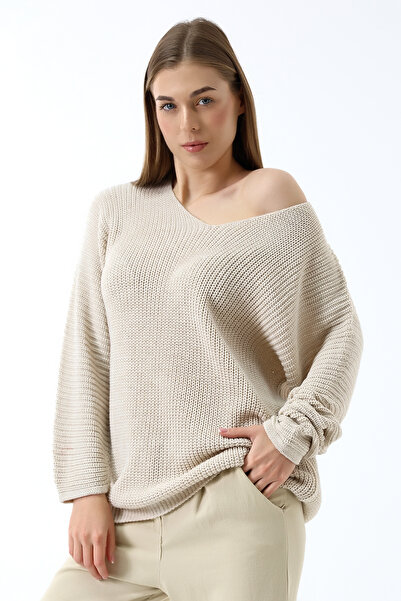 Devinka Pulover de damă Stone oversize, casual, cu decolteu în V