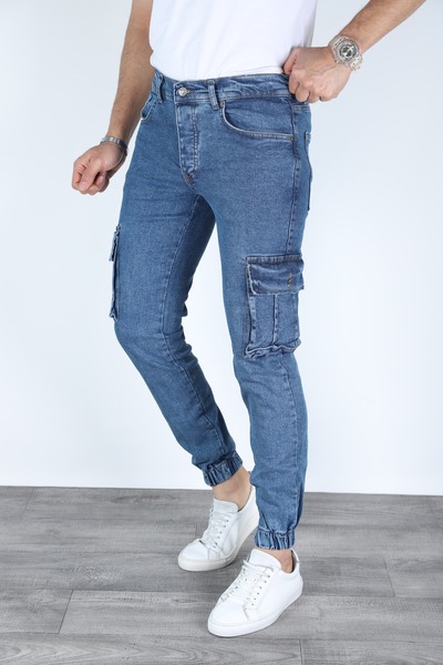 MYRAB DENİM Pantaloni albaștri cu buzunar cargo pentru bărbați - cu picioare elastice