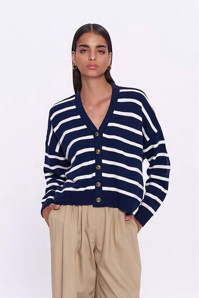 Quzu Gold Button Detailed Striped Knitwear Cardigan