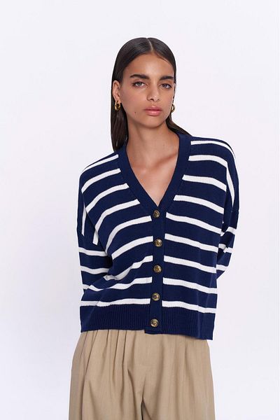 Quzu Gold Button Detailed Striped Knitwear Cardigan