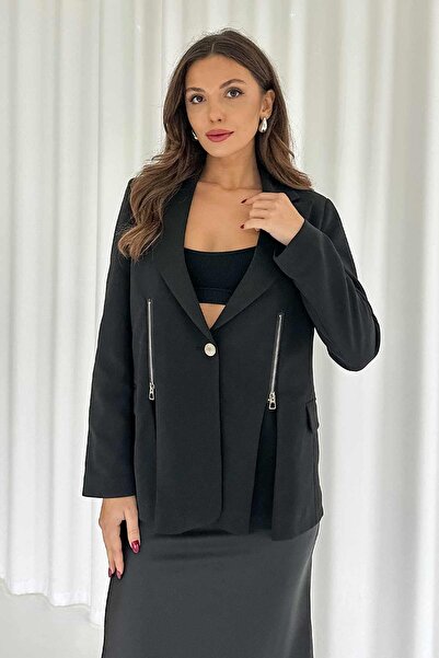 Mine Tan Butik Застібка-блискавка Жіночий піджак - Чорний