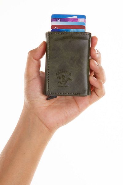 Newish Unisex Vegan Leather - Aluminum Mechanism Slide Card Holder Wallet (7,5X10Cm)