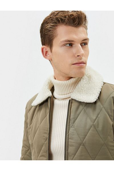 Koton Quilted Jacket Plush Collar Detailed Pocket Zippered