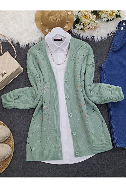 Modamorfo Cardigan din tricot cu nasturi cu broderie florală ajurata -mintă