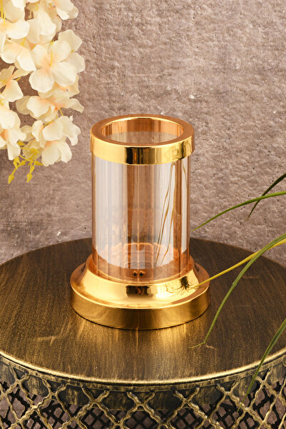 TR Turan Collection ŞULE Silindir Altın Renk Baton Mumluk, Metal Cam Şamdan