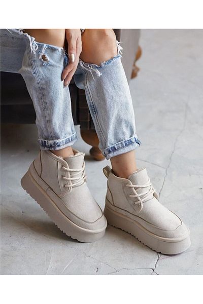 Pine Cone Sheepskin Lace-Up Thick Sole Women's Boots