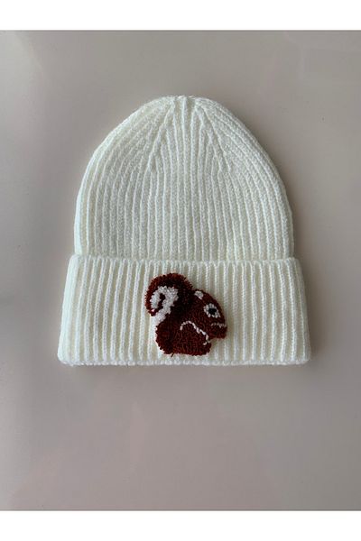 byebruketenci Luxury Light Cream Wool - Kids & Teen Beret with Squirrel Punch Detail