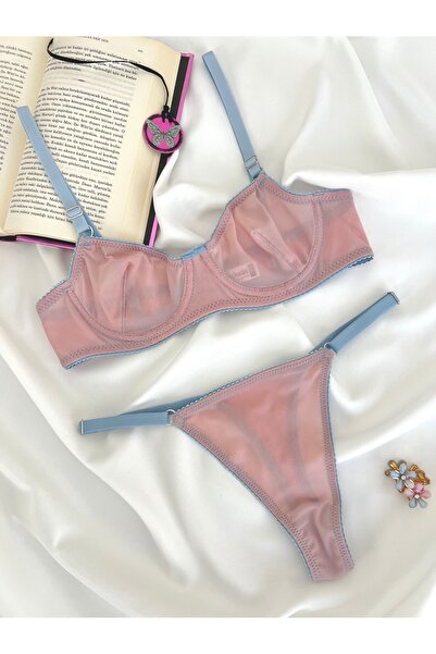 Arinda Coverless Underwire Double Color Tulle Lingerie Set with Jane Sides Detail