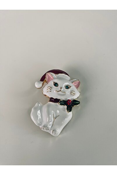 PİNK Noel Baba Şapkalı Beyaz Kedi Broş Hediyelik 4x2 cm