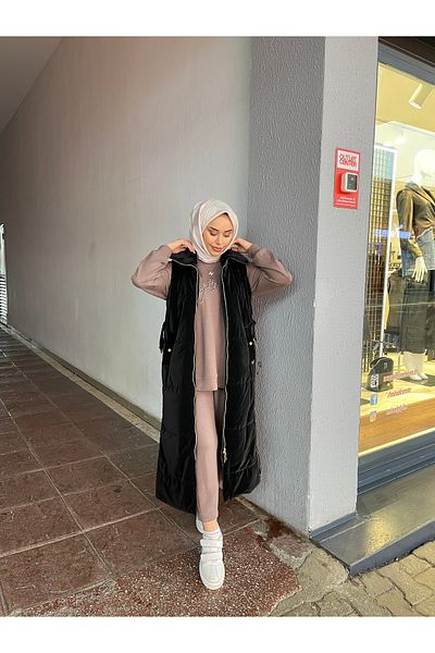 Minel سترة نسائية سوداء طويلة بحزام