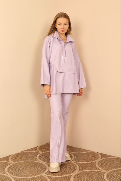 Cream Leather Fabric Long Length Skinny Fit Spanish Women's Trousers-Lilac